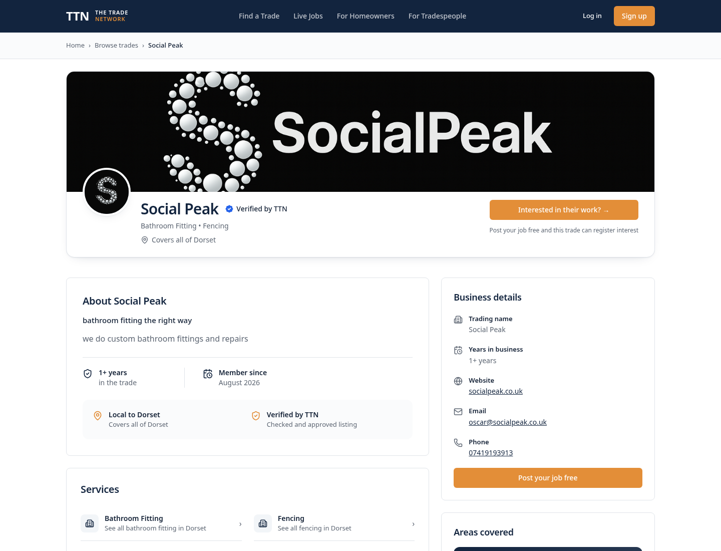 A real TTN public trade profile with business information, services and coverage details